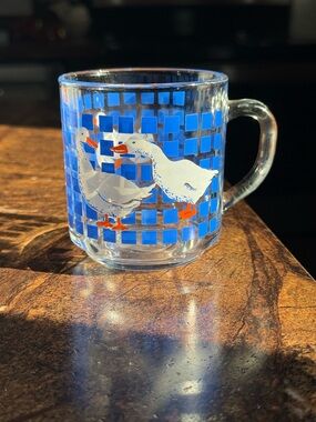 Vintage 1982 Carlton Glass Mug with Blue Check and White Geese